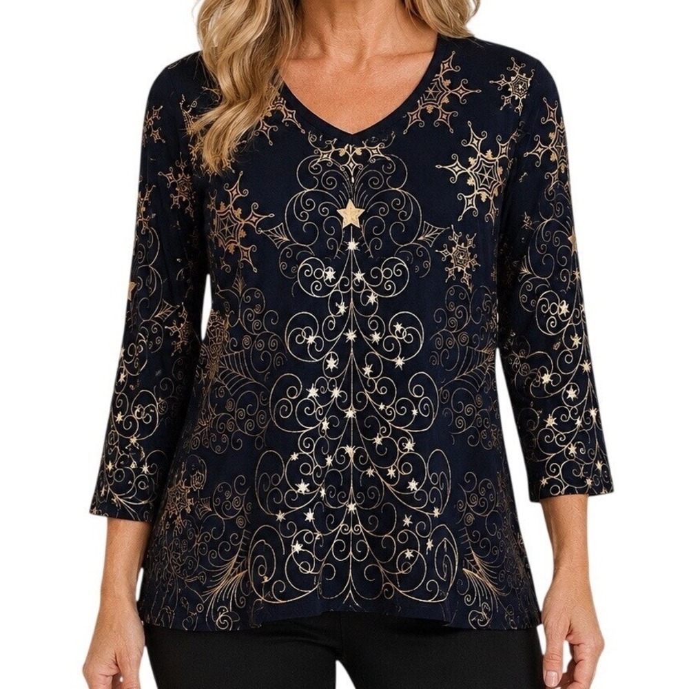 NEW Jess & Jane Large Christmas Star Black Gold Christmas Tree Cotton Top15-811